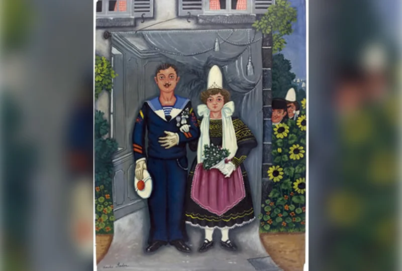 A painting of two people dressed in costumes.