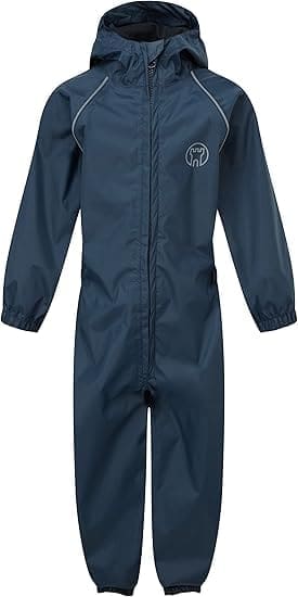 A navy blue rain suit with a white logo on the chest.