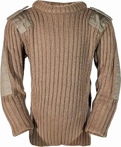 A tan sweater with two patches on the shoulder.