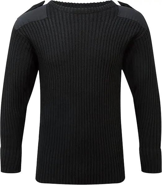 A black sweater with two patches on the shoulder.