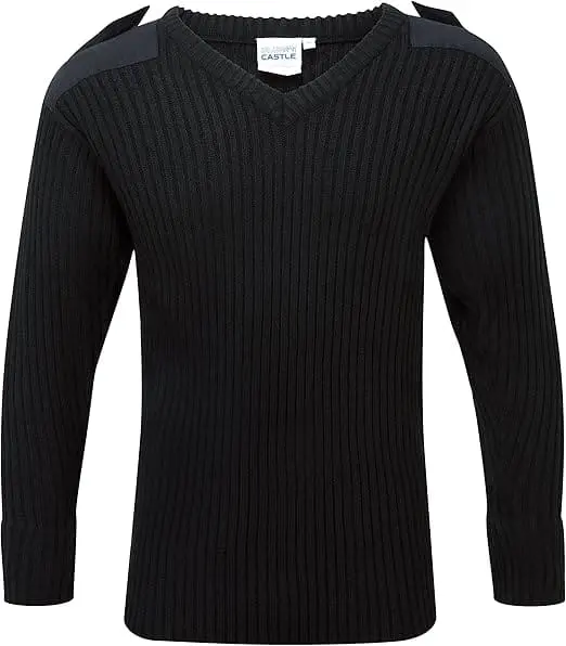 A black sweater with a v-neck and long sleeves.