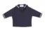 A navy blue sailor 's shirt with white trim.