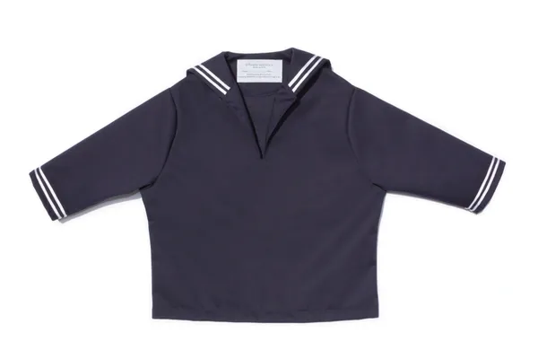 A navy blue sailor 's shirt with white trim.