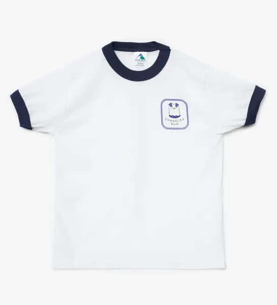 A white shirt with a blue border and an image of a face on it.