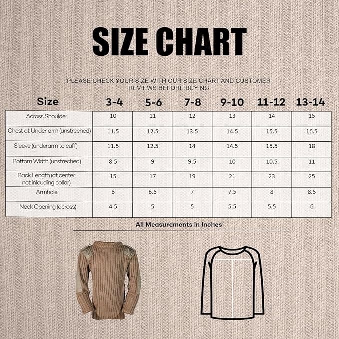 A size chart showing the sizes of clothing.