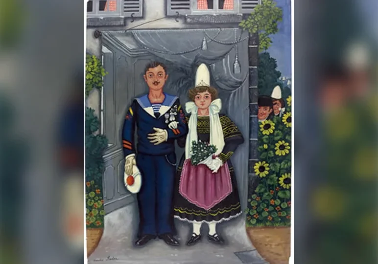 A painting of two people dressed in costumes.